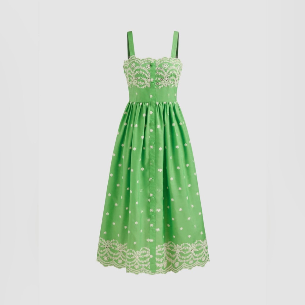 Cider Green Midi Dress with White Lace Accents